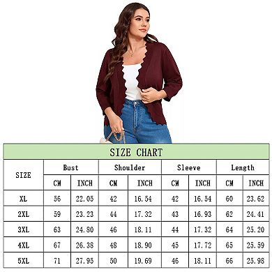 Womens 3/4 Sleeve Knit Cardigan Casual Scallop Hemline Open-Front Shrug Sweaters