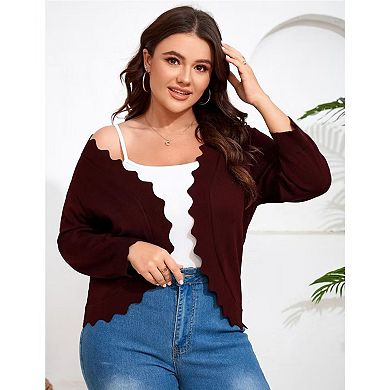 Womens 3/4 Sleeve Knit Cardigan Casual Scallop Hemline Open-Front Shrug Sweaters