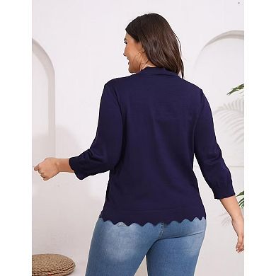 Womens 3/4 Sleeve Knit Cardigan Casual Scallop Hemline Open-Front Shrug Sweaters