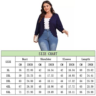 Womens 3/4 Sleeve Knit Cardigan Casual Scallop Hemline Open-Front Shrug Sweaters