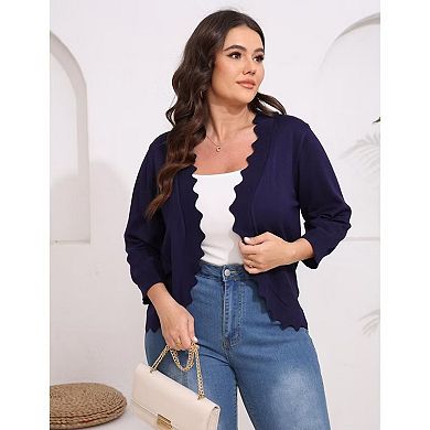 Womens 3/4 Sleeve Knit Cardigan Casual Scallop Hemline Open-Front Shrug Sweaters