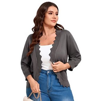 Womens 3/4 Sleeve Knit Cardigan Casual Scallop Hemline Open-Front Shrug Sweaters