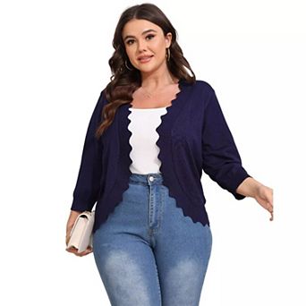 Womens 3/4 Sleeve Knit Cardigan Casual Scallop Hemline Open-Front Shrug Sweaters