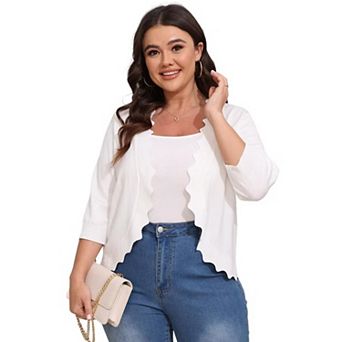 Womens 3/4 Sleeve Knit Cardigan Casual Scallop Hemline Open-Front Shrug Sweaters