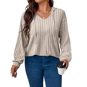 Women Plain V-Neck Tops Work Casual Long Sleeve Blouse Ladies Jumpers Hooded T Shirt