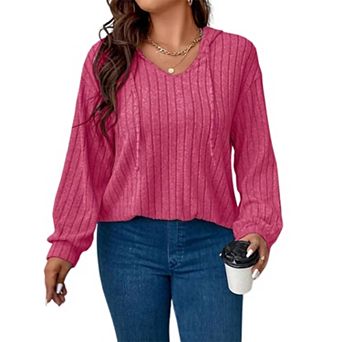 Women Plain V-Neck Tops Work Casual Long Sleeve Blouse Ladies Jumpers Hooded T Shirt