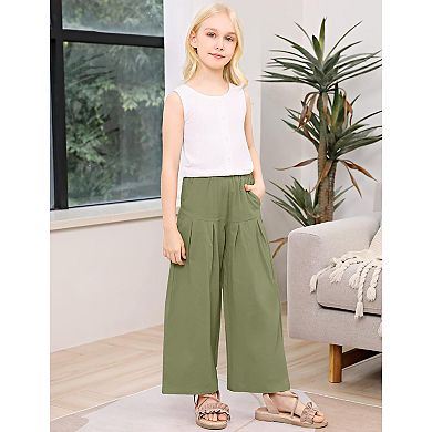 Girls' Casual Paper Bag Pants High Wide Legs Elastic Loose Trousers with Pockets