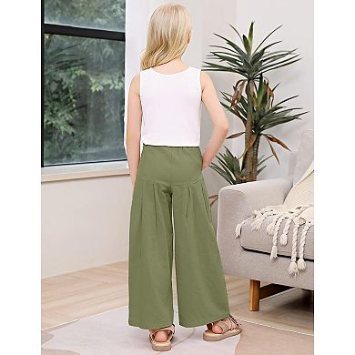Girls' Casual Paper Bag Pants High Wide Legs Elastic Loose Trousers with Pockets