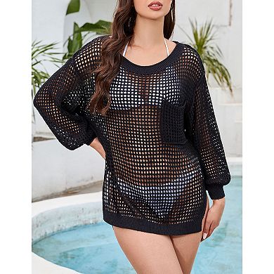 Women's Summer Crochet Hollow Sweater Long Sleeve Crewneck Beach Mesh Cover Up Tunic Top
