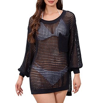 Women's Summer Crochet Hollow Sweater Long Sleeve Crewneck Beach Mesh Cover Up Tunic Top