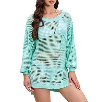 Women's Summer Crochet Hollow Sweater Long Sleeve Crewneck Beach Mesh Cover Up Tunic Top