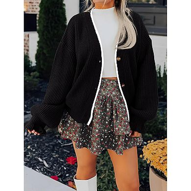 Women's Long Sleeve Cable Knit Sweater Open Front Cardigan Button Lantern Sleeve Outerwear Coats