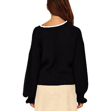 Women's Long Sleeve Cable Knit Sweater Open Front Cardigan Button Lantern Sleeve Outerwear Coats