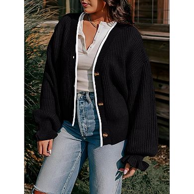 Women's Long Sleeve Cable Knit Sweater Open Front Cardigan Button Lantern Sleeve Outerwear Coats