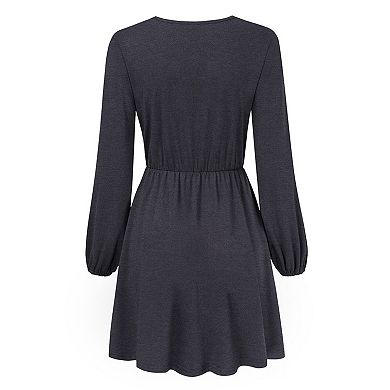 Women Solid Long Sleeve Elastic Waist Wrap V-Neck Fit Flare Dress Burgundy