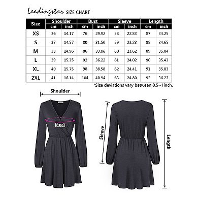 Women Solid Long Sleeve Elastic Waist Wrap V-Neck Fit Flare Dress Burgundy