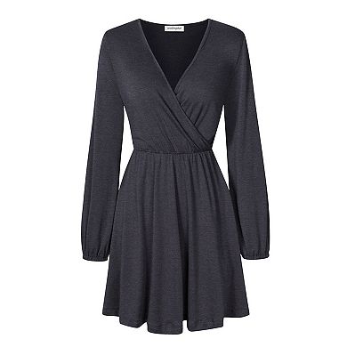 Women Solid Long Sleeve Elastic Waist Wrap V-Neck Fit Flare Dress Burgundy
