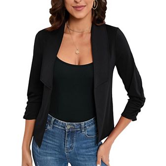 Women's 3/4 Sleeve Blazer Open Front Cardigan Shrugs Ruched Sleeve Office Cropped Blazer Jacket