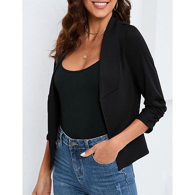 Women's 3/4 Sleeve Blazer Open Front Cardigan Shrugs Ruched Sleeve Office Cropped Blazer Jacket