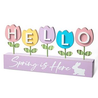 Glitzhome 12"H Easter Table Decor, Wooden/Metal Tulips Spring Floral Wood Signs