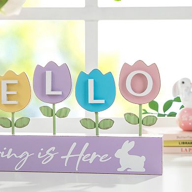 Glitzhome 12"H Easter Table Decor, Wooden/Metal Tulips Spring Floral Wood Signs