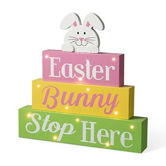 Glitzhome 12"L Easter Table Decor, LED Lighted Wooden Bunny Block Spring Table Decor