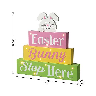Glitzhome 12"L Easter Table Decor, LED Lighted Wooden Bunny Block Spring Table Decor