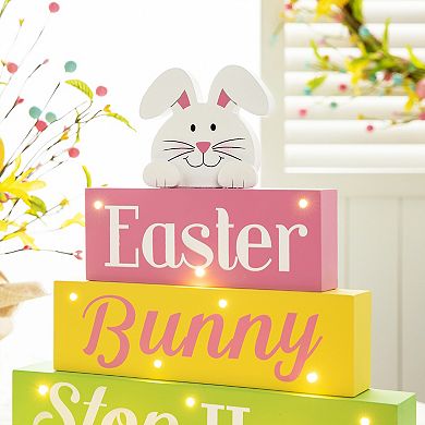 Glitzhome 12"L Easter Table Decor, LED Lighted Wooden Bunny Block Spring Table Decor