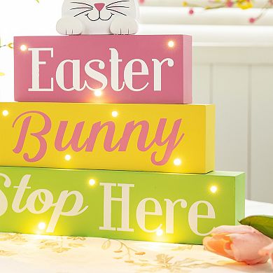 Glitzhome 12"L Easter Table Decor, LED Lighted Wooden Bunny Block Spring Table Decor