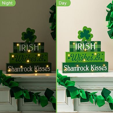 Glitzhome 11.5"H Lighted Handmade St. Patrick's Wooden Block Table Sign