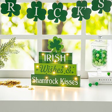 Glitzhome 11.5"H Lighted Handmade St. Patrick's Wooden Block Table Sign