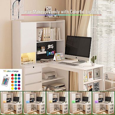 Mondawe Modern Computer Desk, L-Shaped Home Office Desk With Drawers, Bookshelves, And LED Lights