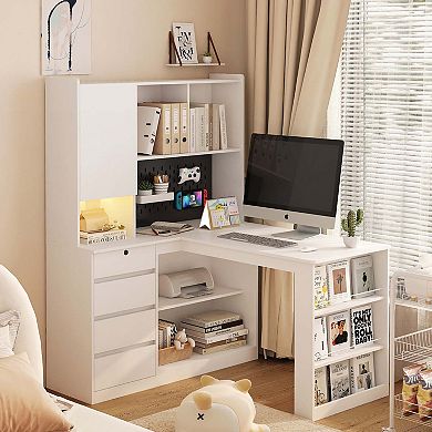 Mondawe Modern Computer Desk, L-Shaped Home Office Desk With Drawers, Bookshelves, And LED Lights