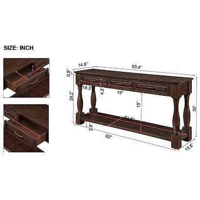 Mondawe 63 Inch Wooden Console Table With 3 Drawers And 1 Bottom Shelf Entrance Hallway Sofa Table