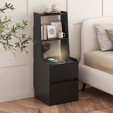 Mondawe Modern Nightstand, Smart Nightstand With Nightlight And Rechargeable Bedroom Storage