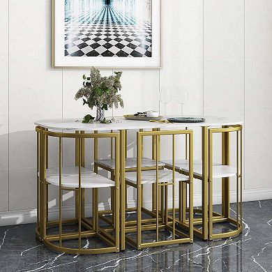 Mondawe Modern 7 Pieces Dining Table Set with Faux Marble Compact 55" Kitchen Table