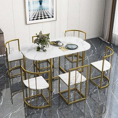 Mondawe Modern 7 Pieces Dining Table Set with Faux Marble Compact 55" Kitchen Table