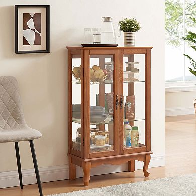 Mondawe Double Tempered Glass Door Rare Cabinet With Mirror Backboard And Adjustable Shelves
