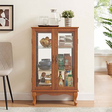 Mondawe Double Tempered Glass Door Rare Cabinet With Mirror Backboard And Adjustable Shelves
