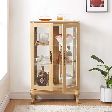 Mondawe Double Tempered Glass Door Antique Cabinet With Mirror Backboard And Adjustable Shelves