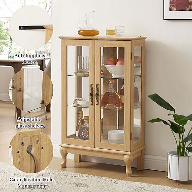 Mondawe Double Tempered Glass Door Antique Cabinet With Mirror Backboard And Adjustable Shelves