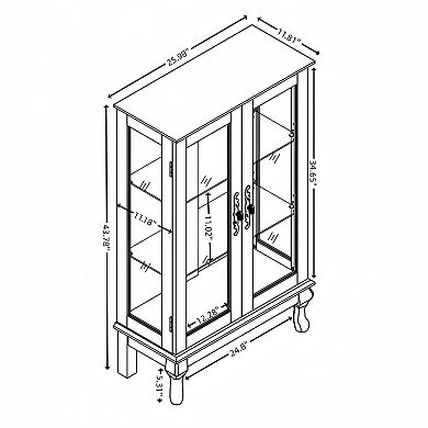 Mondawe Double Tempered Glass Door Antique Cabinet With Mirror Backboard And Adjustable Shelves