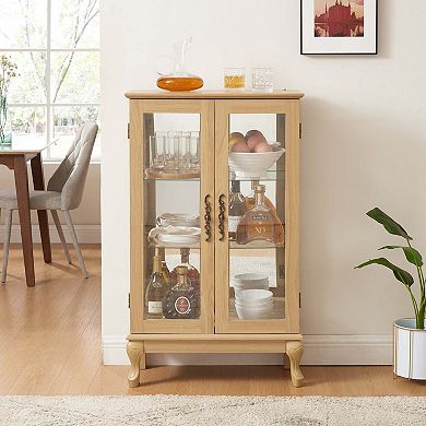 Mondawe Double Tempered Glass Door Antique Cabinet With Mirror Backboard And Adjustable Shelves