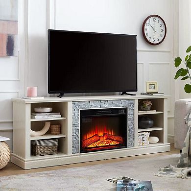 Mondawe Entertainment Stand, Artificial Stacked Stone Surround 23" Electric Fireplace Media Console