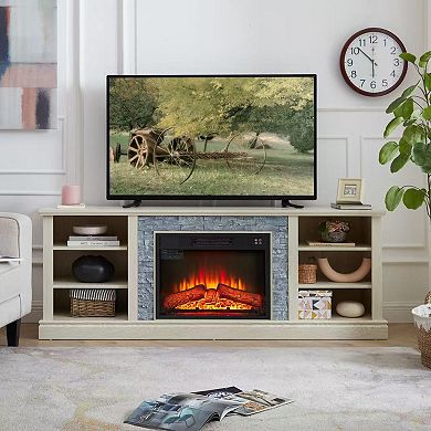 Mondawe Entertainment Stand, Artificial Stacked Stone Surround 23" Electric Fireplace Media Console