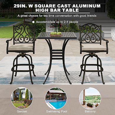 Mondawe 29" Cast Aluminum Patio Square Outdoor Bar Table with Umbrella Hole