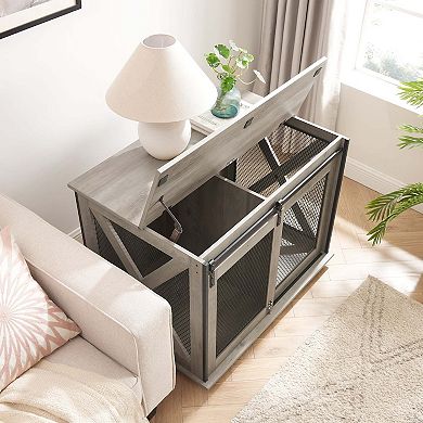 Mondawe Farmhouse Dog Cage Flat Noodles Cabinet, Wooden Dog House End Table With Overturning Roof