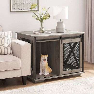 Mondawe Farmhouse Dog Cage Flat Noodles Cabinet, Wooden Dog House End Table With Overturning Roof