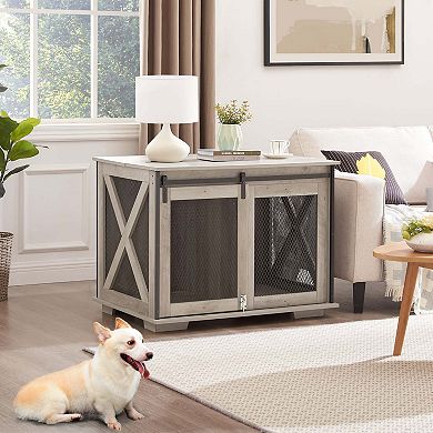 Mondawe Farmhouse Dog Cage Flat Noodles Cabinet, Wooden Dog House End Table With Overturning Roof