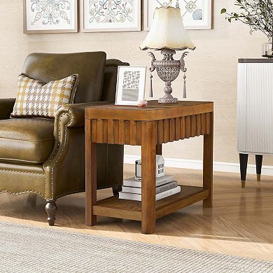 Mondawe 25 Inch Rectangular Solid Wood Farmhouse Coffee Table With Storage Rack, Sofa Side Table